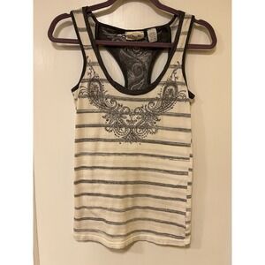 Miss Me Racer Back Striped Embellished Tank Top Bohemian Small